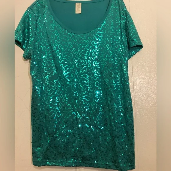 Avon Vintage Green Sequin Front Short Sleeve Top - Picture 2 of 6